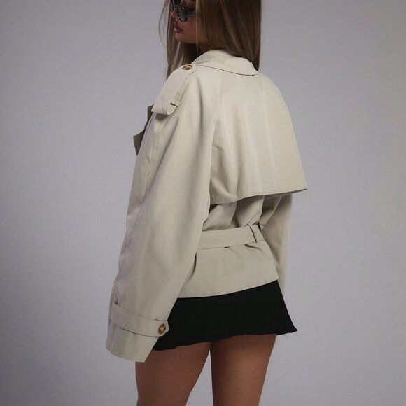 Casual Women's Oversized Tie Waist Short Trench Coat - Picture 3 of 5